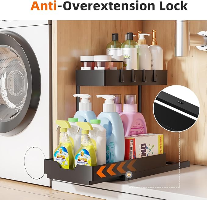 Simple Trending Under Sink Organizer 2 Pack, Sink Pull-Out Sliding Storage Cabinet, 2-Tier Under Shelf Organizer for Kitchen Bathroom with Hooks, Black