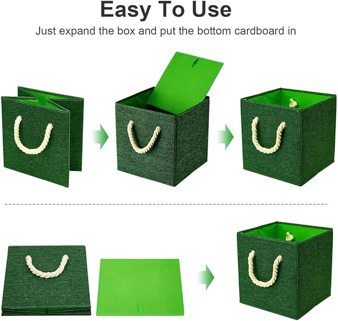 i BKGOO Foldable Storage Cube Bins Green Linen Fabric Collapsible Resistant Basket Box Organizer with Cotton Rope Handle for Home Office and Nursery 10.5x10.5x11 inch