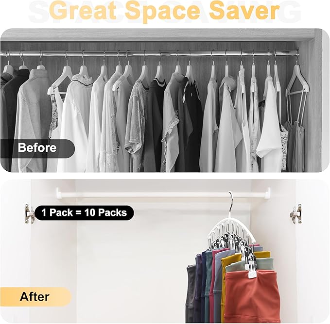 Legging Organizer for Closet, Metal Yoga Pants Hanger w/Rubber Coated 1 Pack w/10 Clips Hold 10 Leggings, Hangers Space Saving Hanging Closet Organizer for Closet Organizers and Storage-White