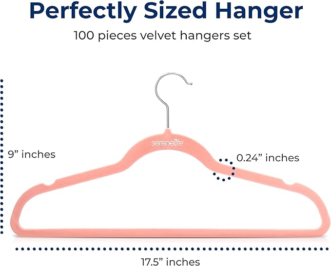 SereneLife 100 Pack Velvet Hangers - Non-Slip Felt with 360° Swivel Hook, Space-Saving, Ultra-Thin, Lightweight for Shirts, Sweaters, Hoodies, Kids Clothes & Dresses