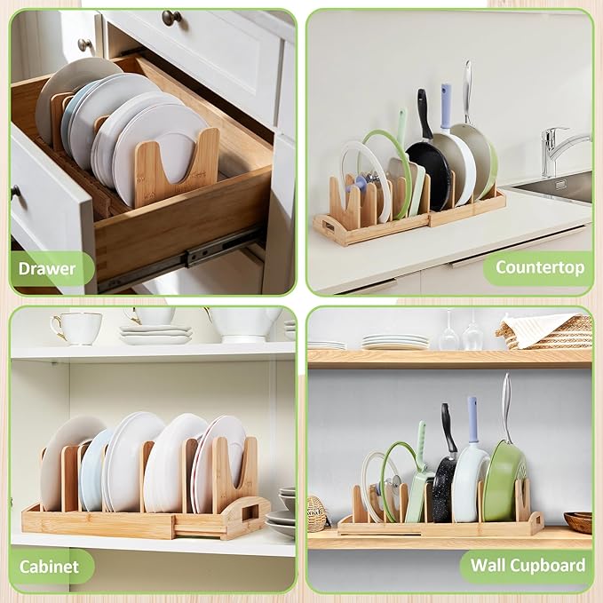 Pots and Pans Organizer under Cabinet, Pot Lid Organizer Bamboo Expandable with 10 Adjustable Dividers, Pan Holder Kitchen Storage Rack for Cutting Board, Baking Tray and Cookie Sheet