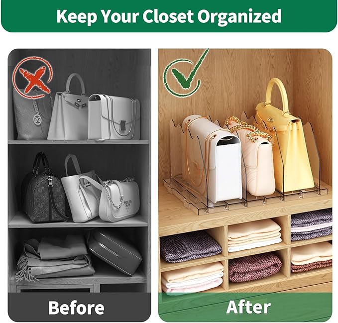 SPACEKEEPER Adjustable Shelf Divider for Closet, Clear Purse Organizers for Closet Acrylic Handbag Separators Storage Organizer Bookshelf Separator Dividers in Bedroom, Office