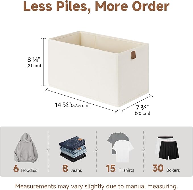 StorageWorks Narrow Storage Baskets for Shelves, Small Storage Bins, Fabric Storage Bins with PU Handle, Ideal for Clothes, Underwear, and Diapers, Beige, 2-Pack