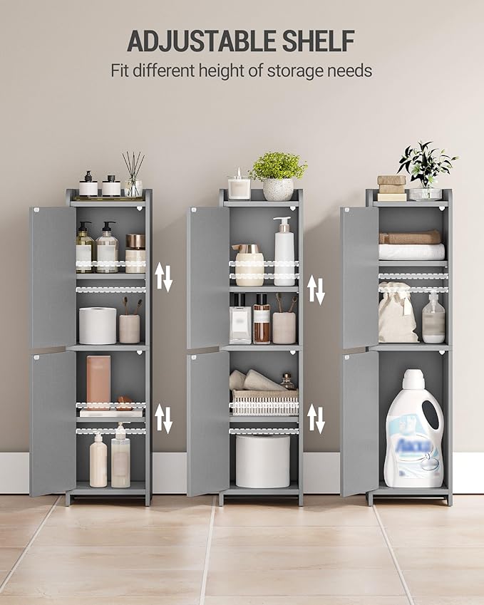 Bathroom Storage Cabinet, Small Corner Floor Cabinet with 2 Doors and Adjustable Shelf, Narrow Toilet Paper Cabinets, Bathroom Organizer for Small Spaces, 7.9" D x 7.9" W x 29.5" H Gray