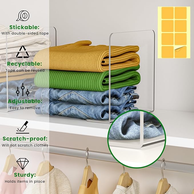 Jogori Shelf Dividers for Closet Organization: 8 Pack 10" Tall X 8.4" Deep Acrylic Clear Vertical Shelves Separators - Adhesive Adjustable Easy to Install Remove - Handbags/Clothes/Towel Storage