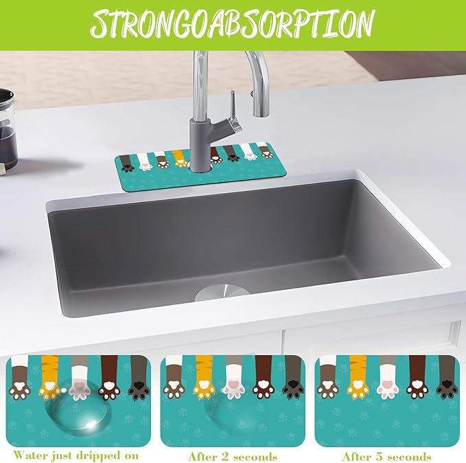 Sink Splash Guard Faucet Mat Cat Paws and Footprints Absorbent Fast Drying Mat Sink Gadgets Splash Guard Behind Faucet Drip Catcher for Kitchen Bathroom 15.5"X5.5"