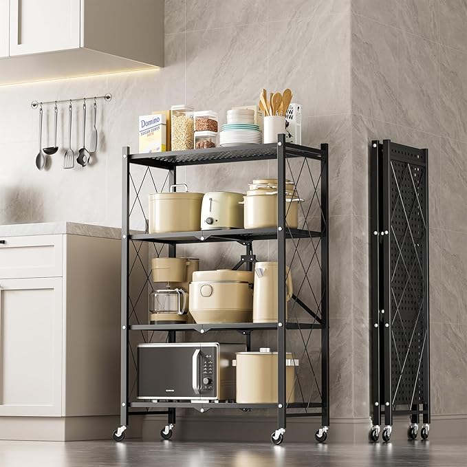 HealSmart 4-Tier Heavy Duty Foldable Metal Rack Storage Shelving Unit with Wheels Moving Easily Organizer Shelves Great for Garage Kitchen Holds up to 1000 lbs Capacity, Black,2 Pack
