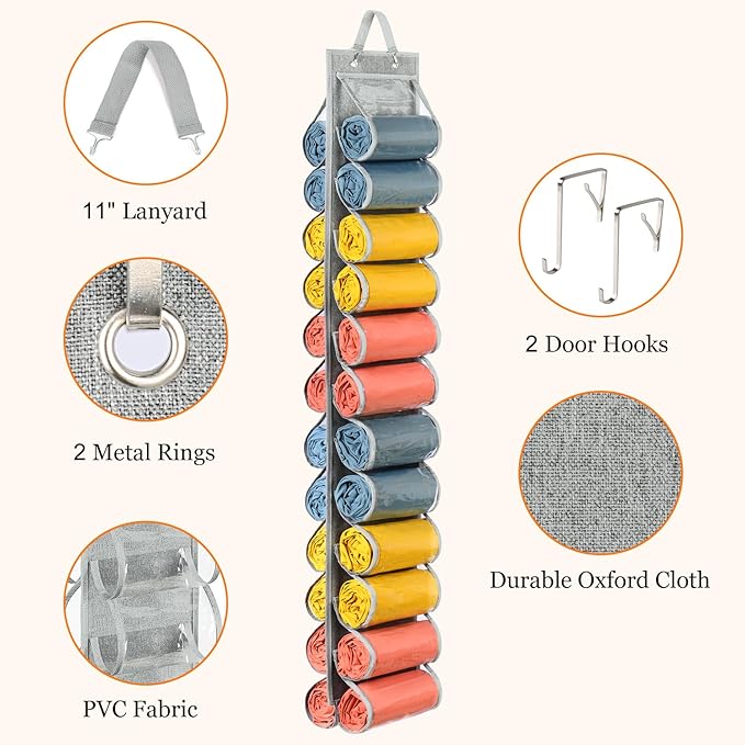 Lirex Scarf Storage Organizer with 24 Pockets, Yoga Legging Storage Organizer for Family Closet Bedroom, Light Grey