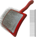 Large Ergonomic Slicker Brush for Dogs & Pets - Extra Long Pin Grooming Brush with Solid Wooden Handle for Poodles, Doodles, and Long-Haired Dogs (red)
