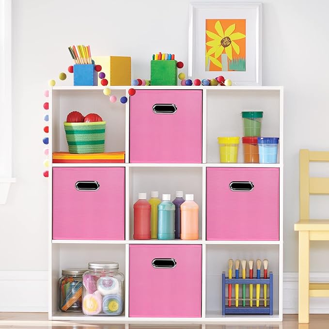 Fabric storage bins Cubes, Fabric Cube Organizer with Handle, Foldable Cube Bins for Cloth or Accessary Storage, 11x11x11, Set of 6, (Pink)