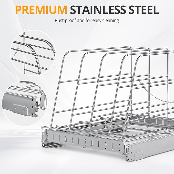 Pull Out Cabinet Organizer for Cutting Board, Cookie Sheet, Baking Sheet, Stainless Steel Sliding Rack for Bakeware & Trays, Heavy-Duty Cutting Board Organizer (12.9” x 16.5” (32.6 x 41.8 cm))