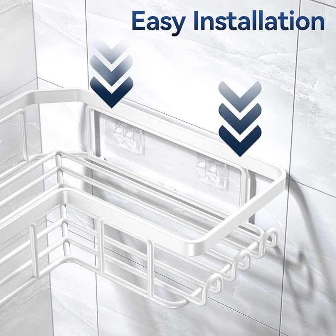 YASONIC Corner Adhesive Shower Caddy, with Soap Holder and 12 Hooks, Rustproof Stainless Steel Bathroom Organizer, No Drilling Wall Mounted Rack, White, 3-Pack