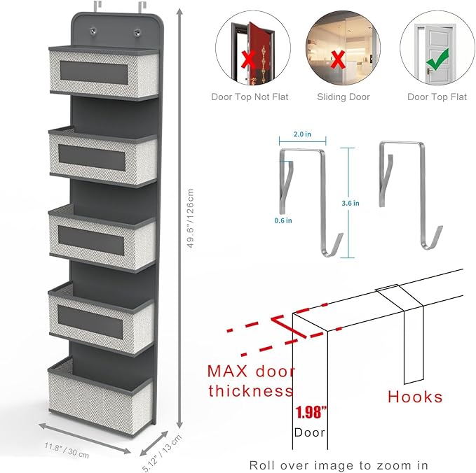 Over The Door Hanging Organizer with 5 Big Pockets, Wall Mount Fabric Back of Door Storage Organizer with Clear Window & Metal Hooks for Pantry Closet Diaper Dorm Nursery Bedroom