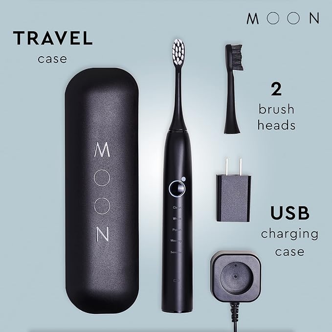 MOON Sonic Electric Toothbrush for Adults & Teens, Black, 5 Smart Modes, Clean, White, Massage, Polish & Sensitive, Rechargeable with Travel Case & 2 Brush Heads, Industry-Leading 6 Week Charge