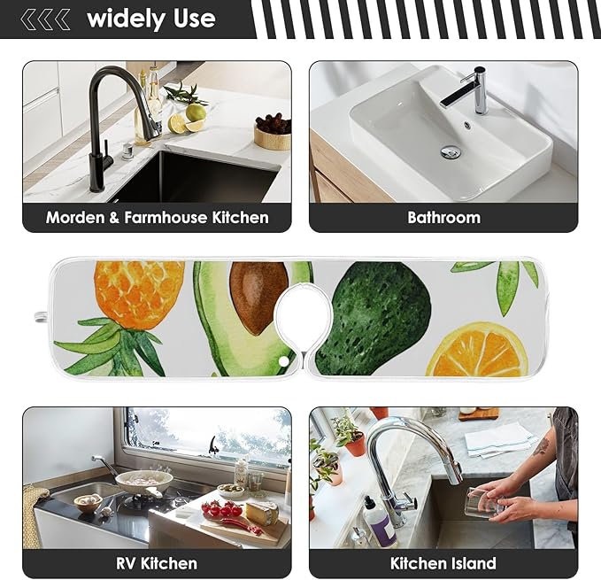 Sink Faucet Absorbing Mat Kitchen Sink Splash Guard Splash Faucet Drip Catcher for Bar RV Bathroom 2PCS 30x5.5in Cartoon Green Avocados Pineapples