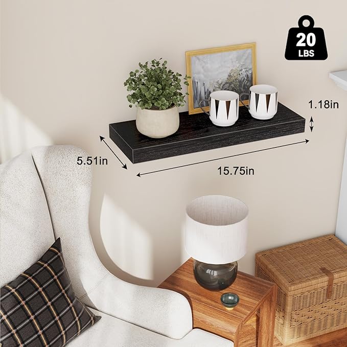 Fixwal Floating Shelves for Wall, 15.7" Wood Wall Mounted Shelves for Living Room, Bedroom, Bathroom and Kitchen, for Storage, Books, Room Decor (Black, Set of 2)
