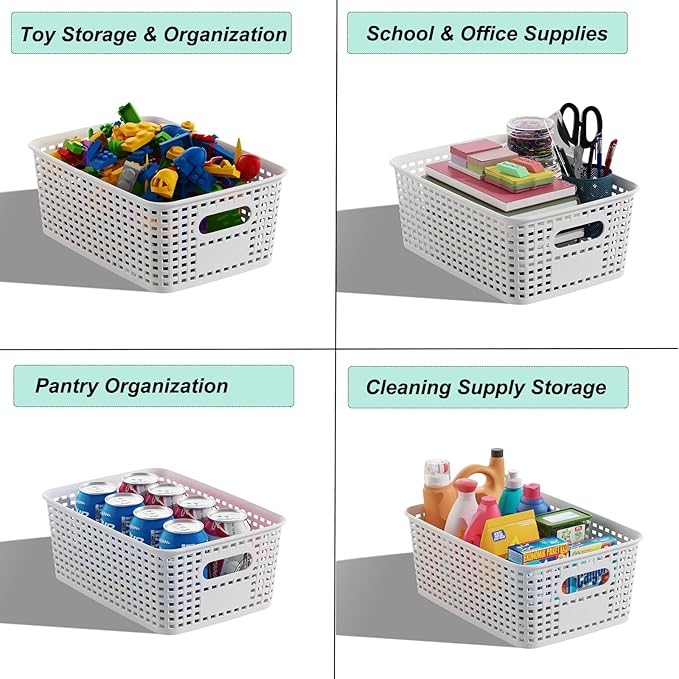 Plastic Storage Basket for Organizing 12 Pack Small Storage Bins Container for Shelves, White Shelf Baskets with Handles for Pantry Classroom Playroom Kitchen Cabinets Organization