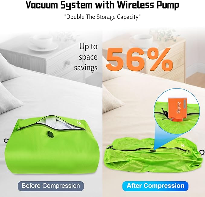 Zurligi Vacuum Bags with Pump for Travel – IPX8 Waterproof Reusable Carry-On Compression Bags for Clothes, Suitcase & Luggage(2-Pack, Green)