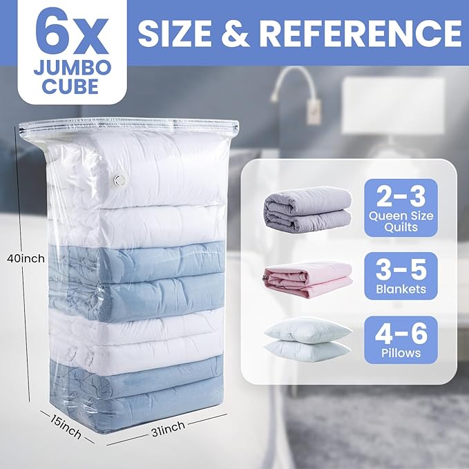 TAILINK 6 Pack Vacuum Storage Bags, Jumbo Cube 31x40x15 Inch, Extra Large Vacuum seal Bgas for Comforters, Blankets, Pillow, Quilts, Space Saver Clost Oragnization-Clear