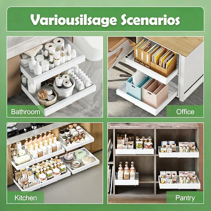 2-Pack Pull-Out Cabinet Organizer with Expandable - Spice Rack Organizer for Cabinet & Slide-Out Drawers for Kitchen Cabinets，Adjustable Width 11.8"-19.7" White