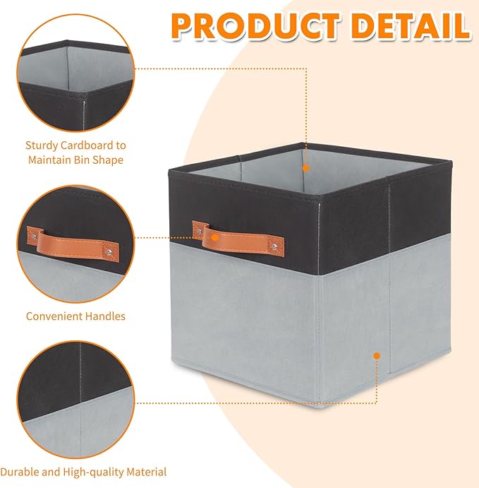 ShellKingdom Storage Bins, Two-Tone Foldable Fabric Storage Cubes with Leather Handle for Closet Toys Clothes Storage Organizer Drawer, 10.5 X 10.5 X 11 inch, 2 Pack (Black/Grey)