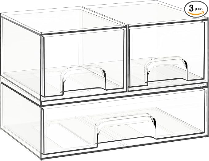 Criusia Stackable Storage Drawers, 3 Pack Clear Acrylic Makeup & Bathroom Organizer, Versatile Storage Bins for Vanity, Under Sink, Kitchen Cabinets & Pantry