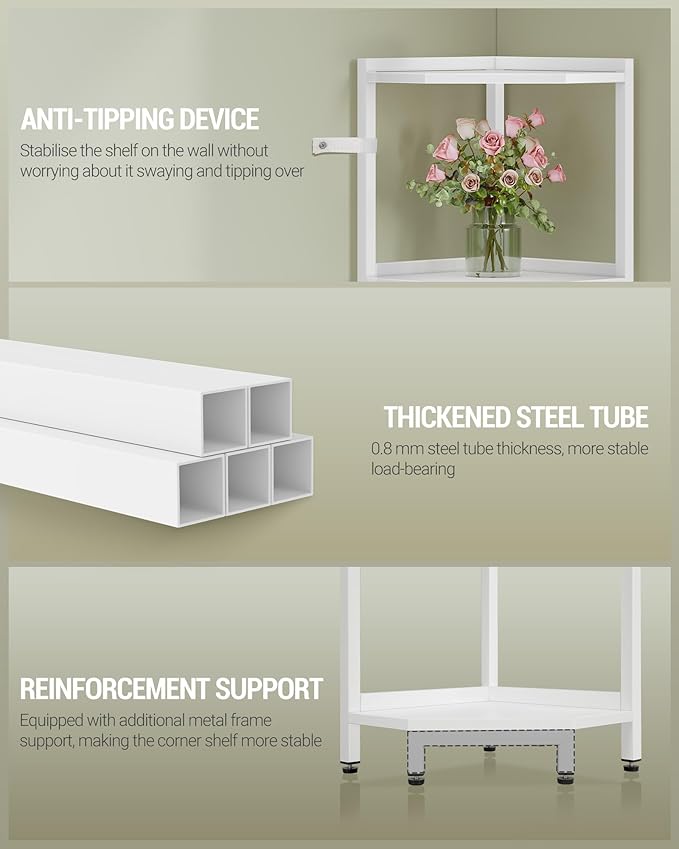Corner Shelf Stand, Corner Bookshelf, Storage Standing Shelf Unit with Metal Frame, Plant Stand, Bookcase for Living Room, Home Office, Bedroom, 6-Tier White CS06013W