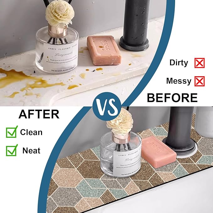 Geometry Blocks Sink Faucet Absorbing Mat Glitter Geometry Super Absorbent Fast Drying Mat Sink Gadgets Behind Faucet Sinkmat for Kitchen Bathroom, 23.5"x5.5"