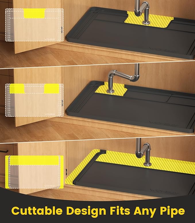 Wohbay Under Sink Mats for Kitchen Waterproof, Cut to Fit Under Sink Drip Tray for Kitchen Bathroom Cabinets, Silicone Sink Liner Hold Up to 3.3 Gallons Liquid, 34" X 22" Or Smaller (Black, Large)