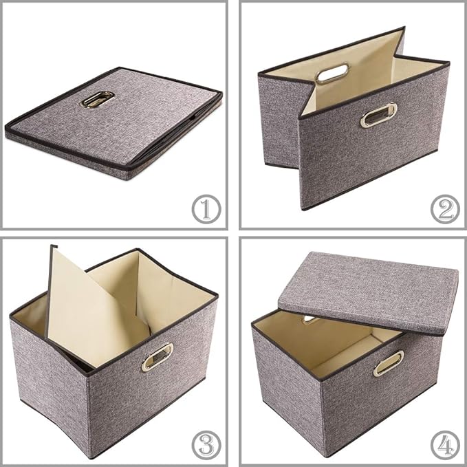 PRANDOM Large Collapsible Storage Containers with Lids [5-Pack] Linen Fabric Foldable Storage Bins Boxes Organizer Baskets Cube with Cover for Home Bedroom Closet Office Nursery (17.7x11.8x11.8)