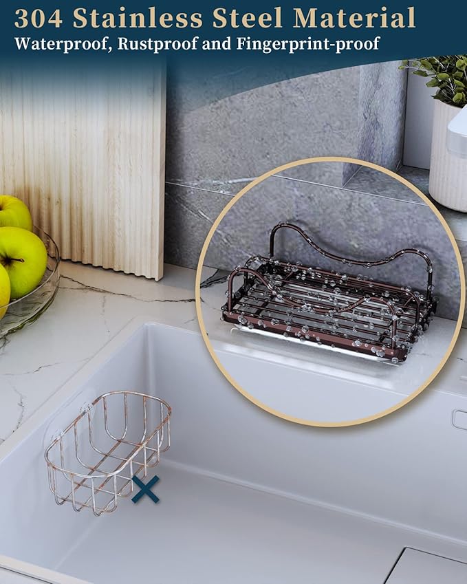 Consumest Kitchen Sink Organizer - Movable Sink Caddy for Countertop Organizer, 304 Stainless Steel Sponge Holder with Detachable Drip Tray for Kitchen Accessories,Bronze