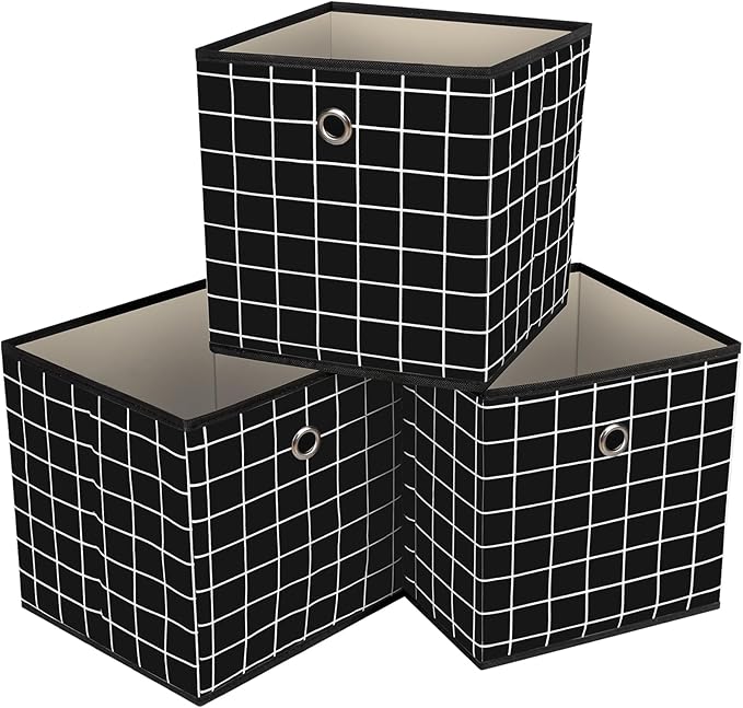 Foldable Storage Cubes Bins,11 Inch Cloth Storage Cube Fabric Storage Box Cubes Organizer Baskets with Dual Handles for Home Organizer Set of 3 (Black grid)