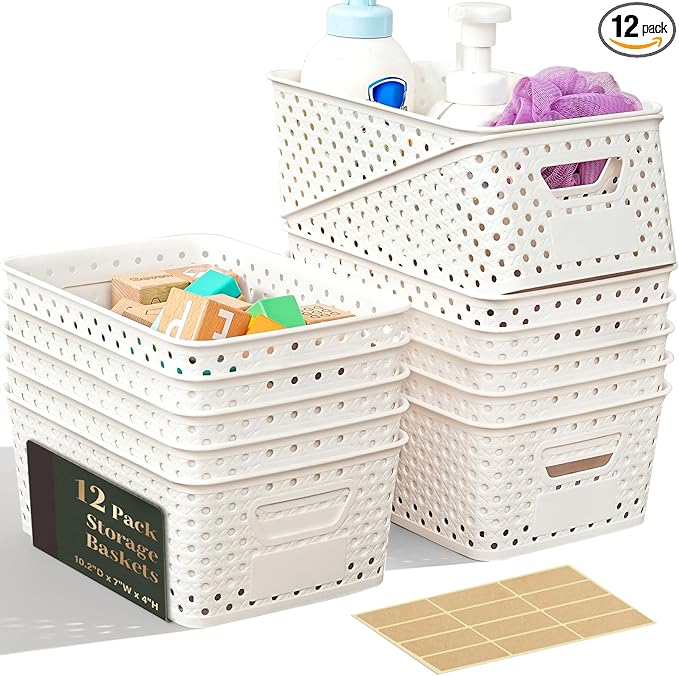 12 Pack Plastic Storage Baskets for Organizing, Storage Baskets for Shelves with Handles, Small Storage Bins with Labels, Organizer Baskets for Cabinet,Closet, Office
