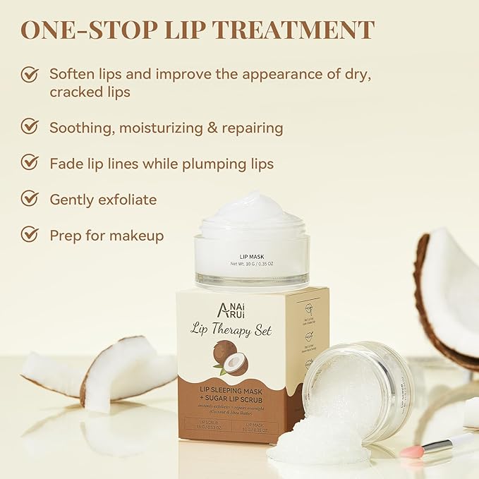 ANAI RUI Coconut Lip Scrub & Lip Mask Set with Shea Butter, Lip Scrubber Exfoliator Enriched with Vitamin E, Sugar Scrub for Dry Lips, Hydrating Lip Mask, Gifts For Women