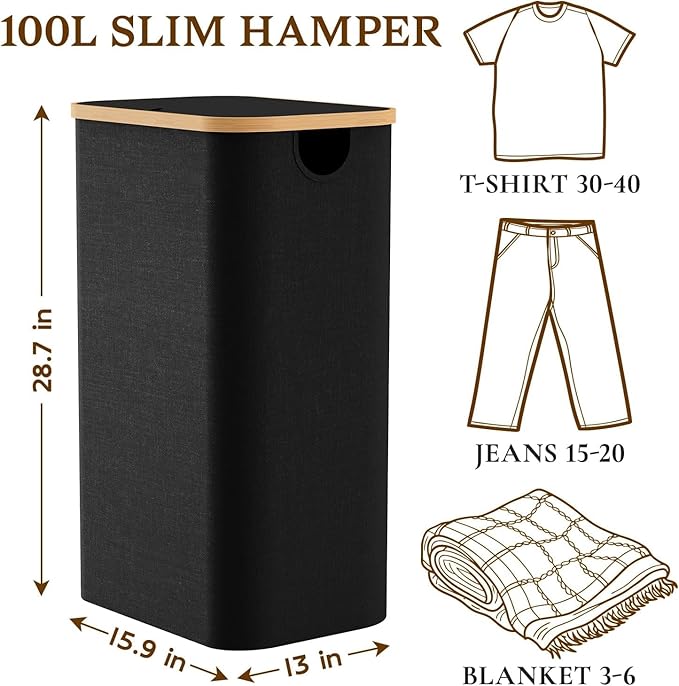 Laundry Baskest with Lid, 100L Large Tall Laundry Hamper with Removable Bag, Collapsible Laundry Hamper for Bedroom, Bathroom, Dorm, Laundry Room, Black