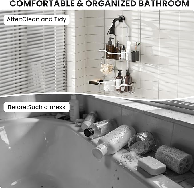 Hanging Shower Caddy Over Head,2 Tier Rustproof Shower Organizer for Tall Showerhead,No Drill Bath Caddy Hanging with Soap Dish and Toothbrush Holder for Razor and Sponge,Silver