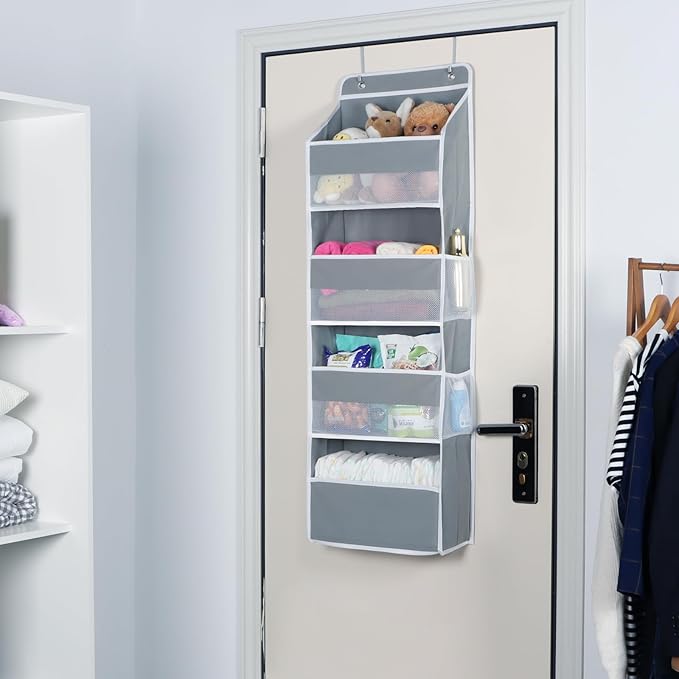 Univivi 4-Shelf Door Hanging Organizer Baby Door Storage Wall Mount Storage with 4 Large Pockets and 4 Side Mesh Pockets for Baby Stuff, Toiletries and Sundries