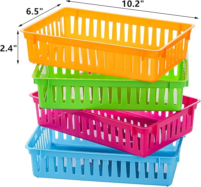 DEAYOU 16 Pack Classroom Storage Baskets Bins, Small Plastic Organizer Basket, Colorful Storage Trays, Crayon Pencil Containers for Paper, Desk, Shelf, Home School Office, 10.2" L x 6.5" W x 2.4" H