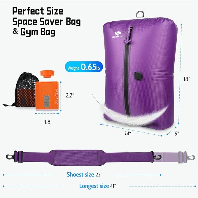 Zurligi Vacuum Bags with Pump for Travel – IPX8 Waterproof Reusable Carry-On Compression Bags for Clothes, Suitcase & Luggage(2-Pack, Purple)