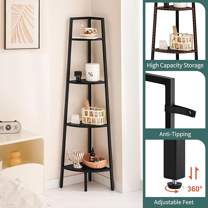 Yoobure 4-Tier Corner Shelf with Metal Frame, Ladder Bookshelf Display for Bedroom Living Room, Tall Bookcase Plant Stand, Wood Small Shelf Stand Home