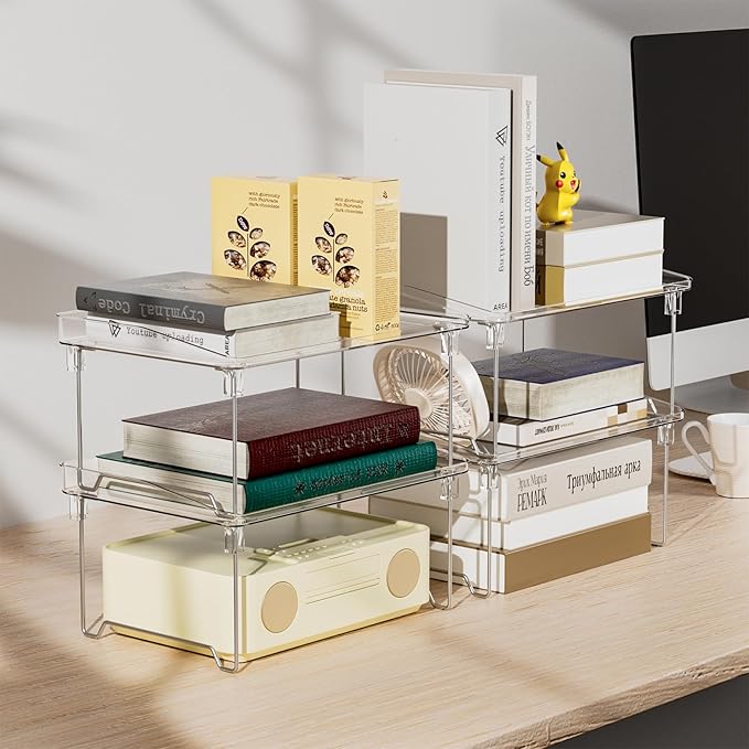 Acrylic Cabinet Organizer Shelf,4 Pcs Stackable Kitchen Counter Shelves,Spice Rack,Countertop Organizers,Clear Plastic Storage Organization for Makeup，Bathroom,Cupboard,Desk,Pantry