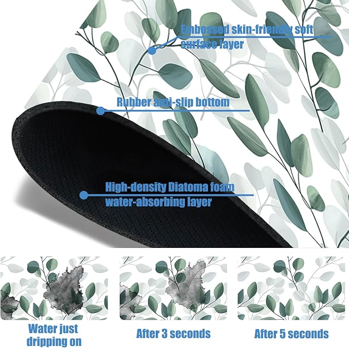 Sink Faucet Absorbing Mat Green Eucalyptus Leaf Sink Splash Guard Drying Mat for Kitchen Bathroom Faucet Sinkmat 15.5"X5.5"