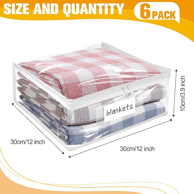 Plastic Storage Bags with Easy-Glide Zipper, Pack of 6, Durable Clear Vinyl Zippered Storage Bags for Clothes Sweaters Comforters Blankets Sheets Bedding (12 x 12 x 3.9 Inch)