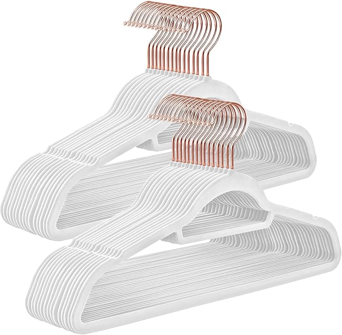 SONGMICS Velvet Hangers, Set of 30 Clothes Hanger with Rose Gold Swivel Hook, Non-Slip, and Space-Saving, 0.2-Inch Thick, 17.1-Inch Long for Coat, Shirt, Dress, Pants, Tie, Cloud White UCRF021W01