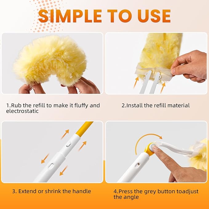 Heavy Duty Duster Refills, Disposable Dusters Kit for Cleaning Dusting Furniture Blind Ceiling Fan, Multi Surface 360 Feather Duster(25)+3FT Extended Handle