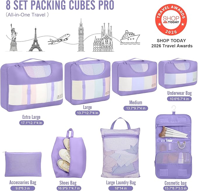 Veken 8 Set Packing Cubes for Travel Essentials, Suitcase Organizer Bags in 4 Sizes, Carry-On Luggage Accessories with Large Laundry & Hanging Toiletry Bag, Must-Have for Airplane, Road Trip & Camping