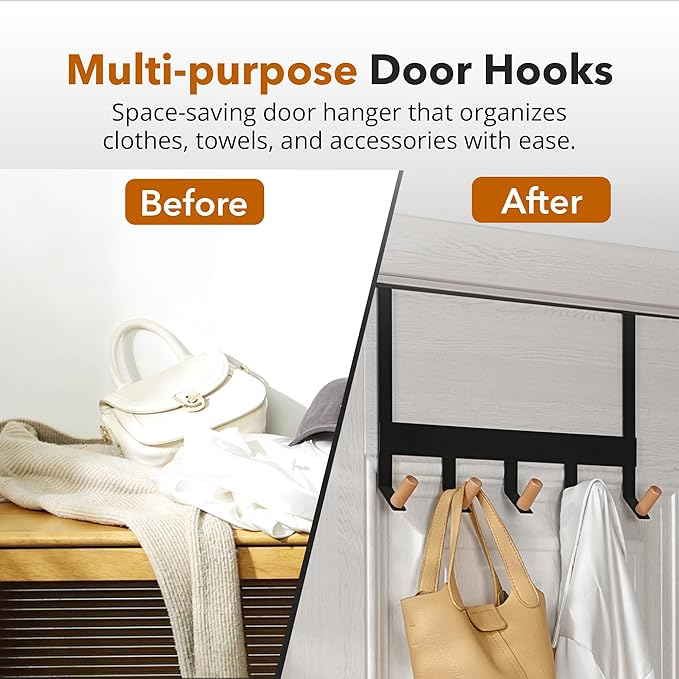A&M Shops Over The Door Hanger - Heavy Duty Metal Door Hanger with Lotus Wood Tip for Bathroom & Bedroom - Coat Rack Organizer with 5 Stylish Towel Hooks for Door, Clothes & Bags - Black - Pack of 2