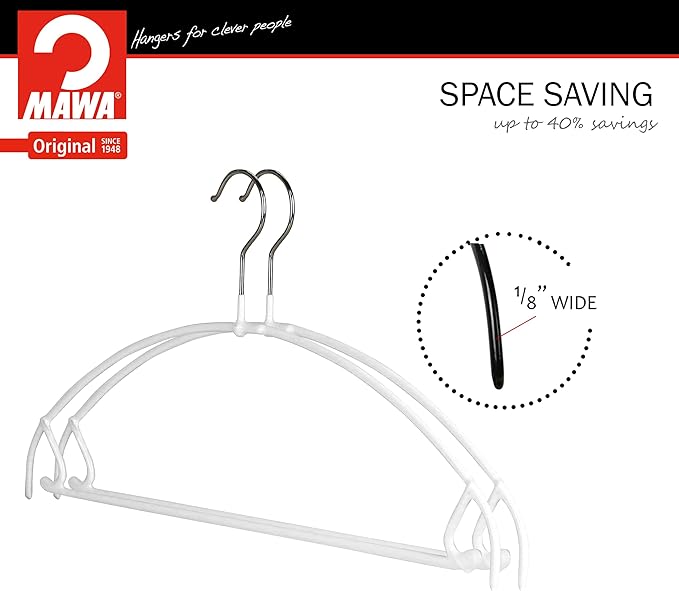 Mawa by Reston Lloyd Euro Ultra Light/Thin Series, Non-Slip Space Saving Clothes Hanger with Bar & Hook for Pants and Skirts, Style 42/PTU, Set of 2, White