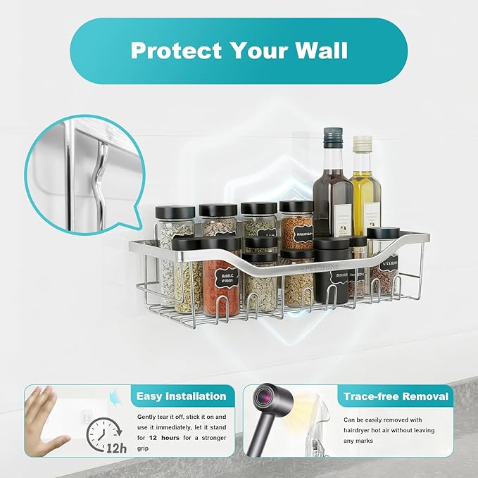 Shower Caddy with Hooks,Shower Shelf - 304 Stainless Steel Shower Rack,Anticorrosive,Rust-proof,Waterproof Bathroom Shelvs Storage and Organization - White Silver Shower Shelves