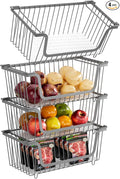 4 Pcs Stackable Wire Baskets for Pantry Organizers and Storage,Vegetable Fruit Basket for Countertop,Kitchen Storage Metal Baskets,Produce Potato Onion Storage Bin,Gray